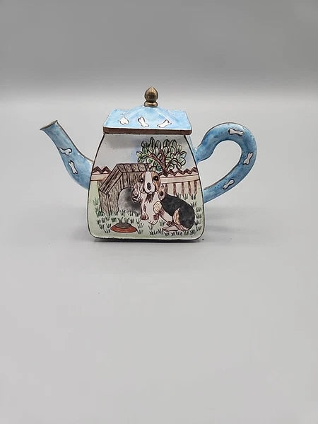 Vintage Enamel on Brass Miniature Teapot Hound Dog Bone Dog Lover Rescue 5x2"