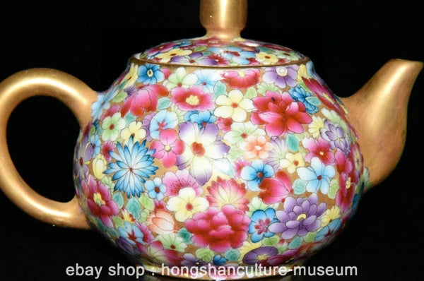 5.2" Old Chinese Qianlong Marked Enamel Porcelain Flower Grape Teapot