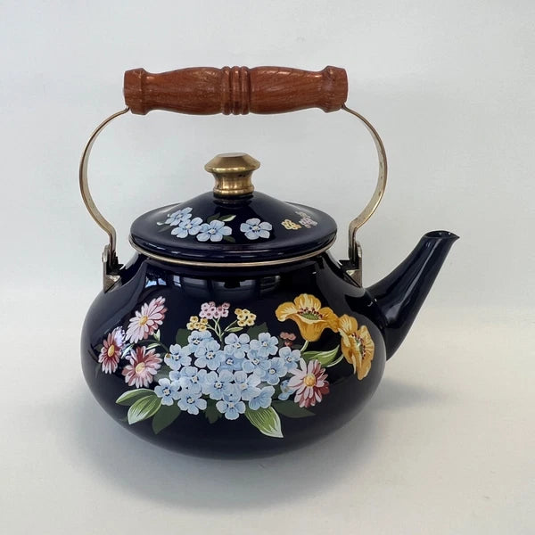 1983 GAILSTYN SUTTON "Flower Garden" Vintage Enamel Ware Cobalt Teapot Kettle