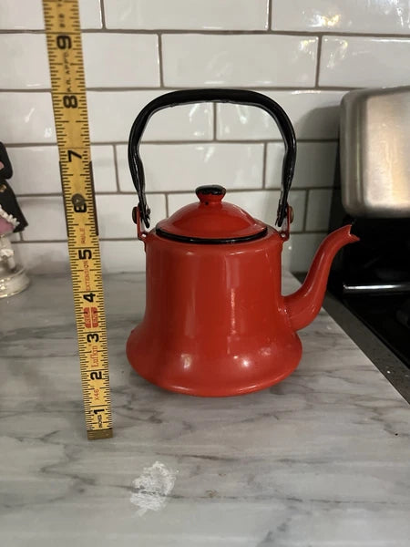 Vintage MCM Red Baked Enamel Tea Kettle with Black Handle Tea Pot Japan Rustic