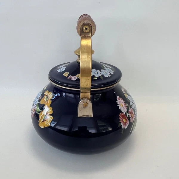 1983 GAILSTYN SUTTON "Flower Garden" Vintage Enamel Ware Cobalt Teapot Kettle