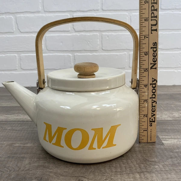 Vintage Beige Enamel Ware Mom Tea Pot Kettle Wood Handle Retro MCM Mother’s Day