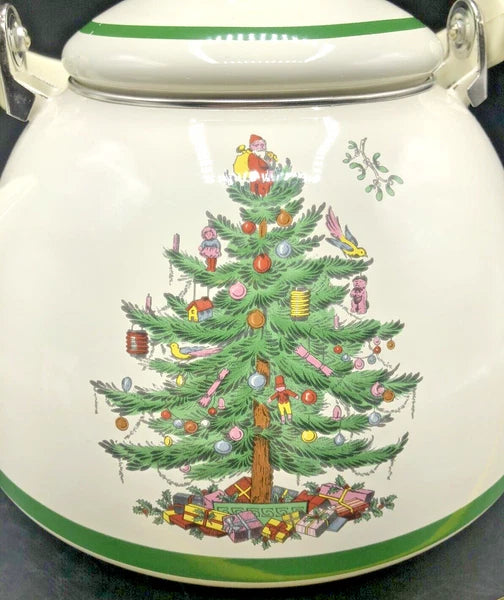 SPODE Christmas Tree Enamel On Steel Tea Kettle w Swing Handle Teapot Vtg