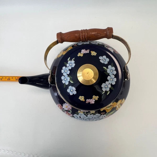 1983 GAILSTYN SUTTON "Flower Garden" Vintage Enamel Ware Cobalt Teapot Kettle
