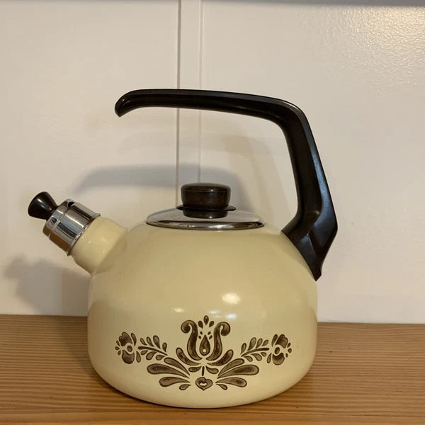 Vintage Pfaltzgraff Village Enamelware Whistling Tea Kettle Tea Pot