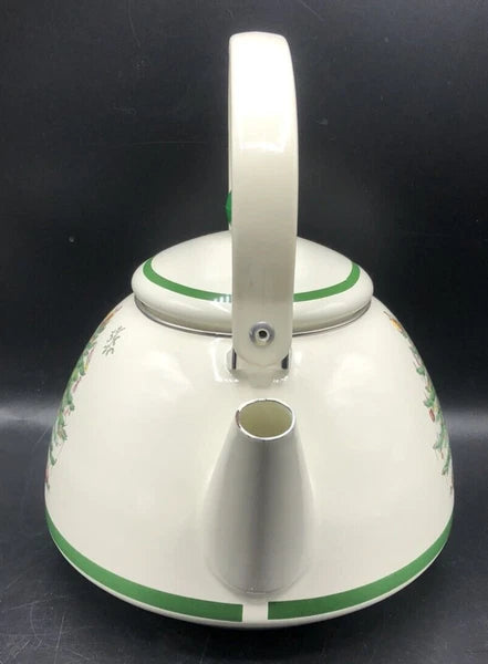 SPODE Christmas Tree Enamel On Steel Tea Kettle w Swing Handle Teapot Vtg