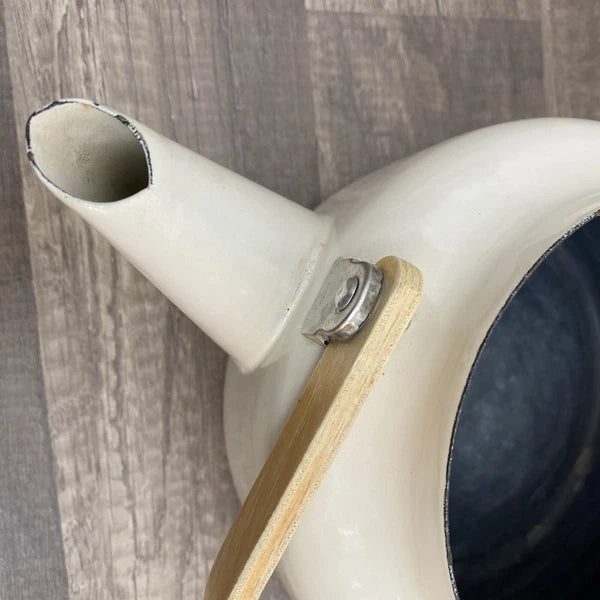 Vintage Beige Enamel Ware Mom Tea Pot Kettle Wood Handle Retro MCM Mother’s Day