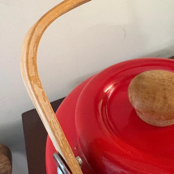 Vintage Red Enamel Teapot with Wood Handle