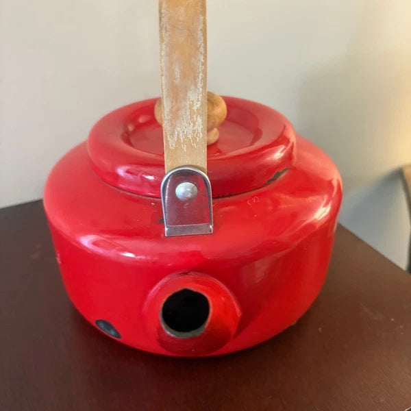 Vintage Red Enamel Teapot with Wood Handle