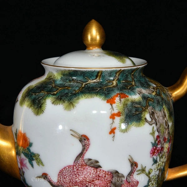 6.4"Yongzheng Marked Enamel Porcelain Gilt Flower Birds Tree Pattern Wine Teapot