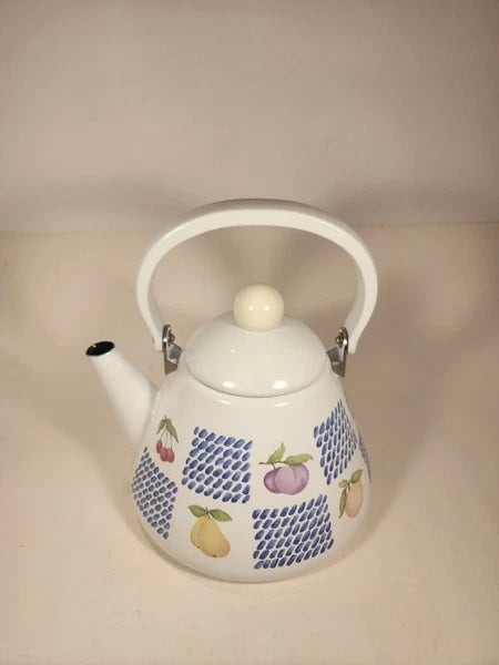 White Enamel Teapot Fruit Pear Cherries Plum Peach Blue 2 Qt Decorative Tea Pot