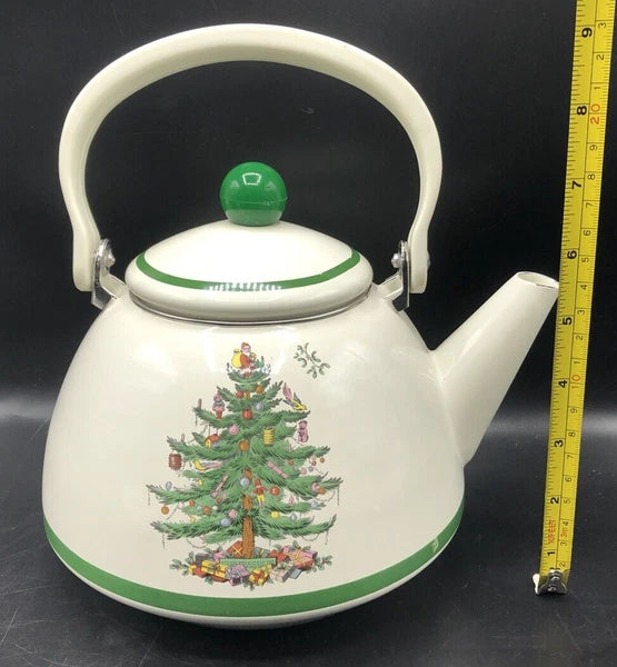 SPODE Christmas Tree Enamel On Steel Tea Kettle w Swing Handle Teapot Vtg