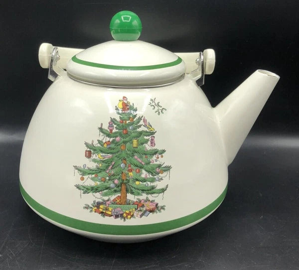 SPODE Christmas Tree Enamel On Steel Tea Kettle w Swing Handle Teapot Vtg