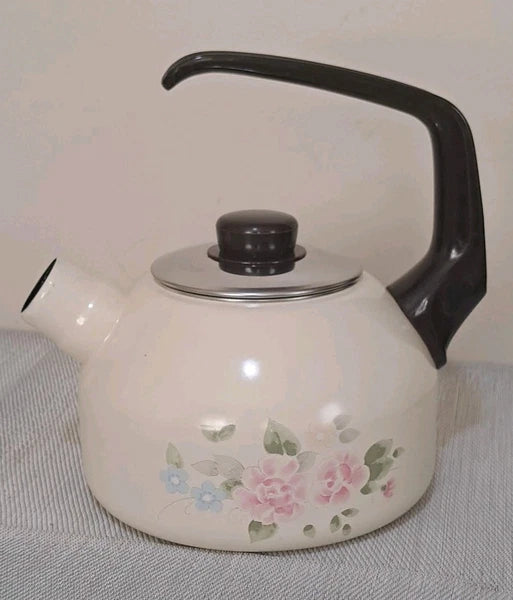 Vtg Pfaltzgraff Tea Rose Pink Floral Metal Enamel Tea Kettle Teapot