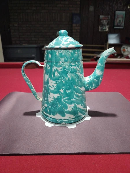 Vintage Aqua Blue/Green Swirl Enamel Tea Coffee Pot