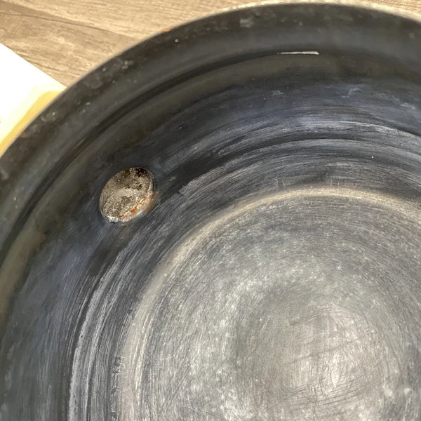 Vintage Beige Enamel Ware Mom Tea Pot Kettle Wood Handle Retro MCM Mother’s Day