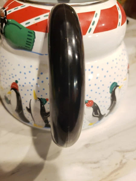 Polar Bear & Penguin 3qt Porcelain Enamel Roschko Teapot,  Christmas Tea Kettle