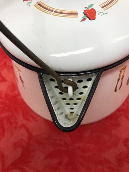 White Enameled 12 C Floral Coffee/Tea Pot Wire & Wood Black Handle  & Knob