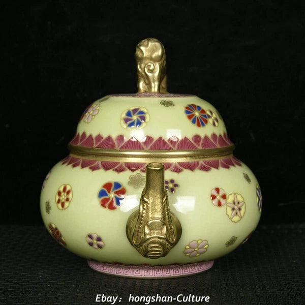 Old Qing Enamel Colour Porcelain Gold Foo Fu Dog Lion Elephant Teapot Teakettle