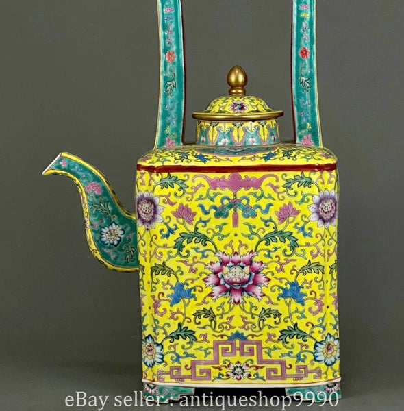 16.4" Yongzheng Marked Colour Enamel Porcelain Yellow Flower Wine Tea Pot Flagon