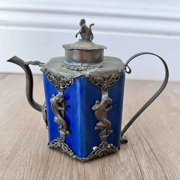 Vintage Chinese Silver Blue Enamel Ceramic Monkey Tiger Frog Tea Pot Deco Marked