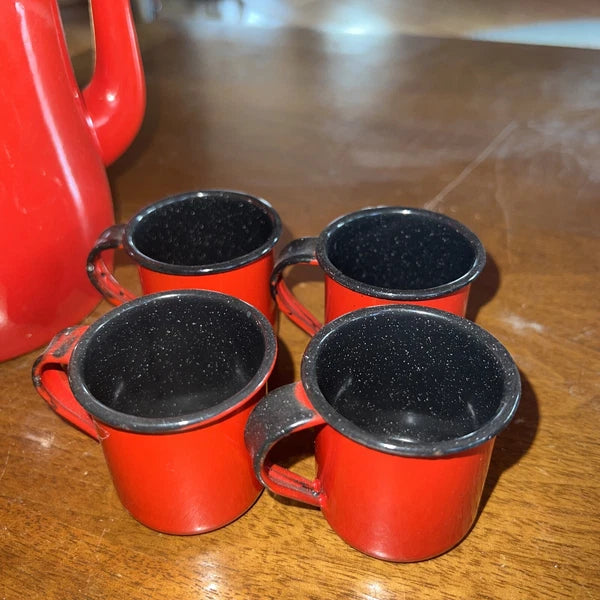 Red Japanese Style Thick Enamel 4 Cup Fine Spout Tea Pot W/ 4 Mini Enamel Cups