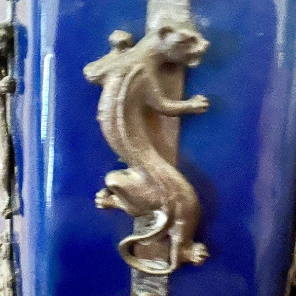 Vintage Chinese Silver Blue Enamel Ceramic Monkey Tiger Frog Tea Pot Deco Marked
