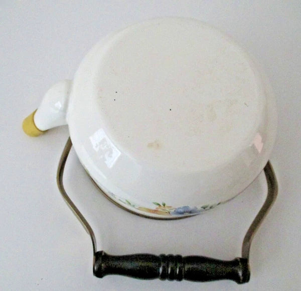 ENAMELWARE FLORAL WHITE TEAPOT KETTLE W/ LID PASTEL FLOWER 7" VINTAGE AZ56
