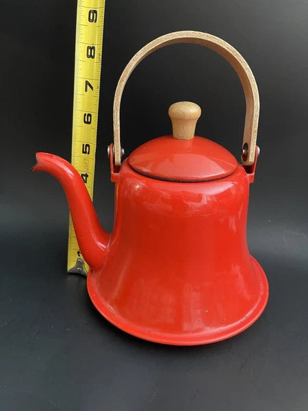 Vtg Red Enamel Coffee /Tea Pot/Kettle With Wood Handle