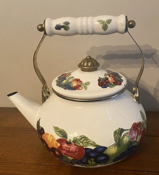 VINTAGE Teapot Kettle REGENCY ENAMEL WARE Stovetop Kitchen FRUIT