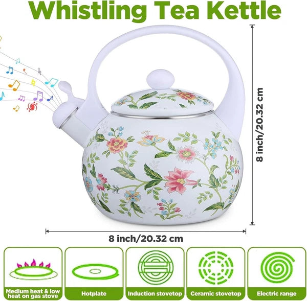 2.3Qt Vintage Enamel Whistling Tea Kettle, Floral Teapot for Stove Top