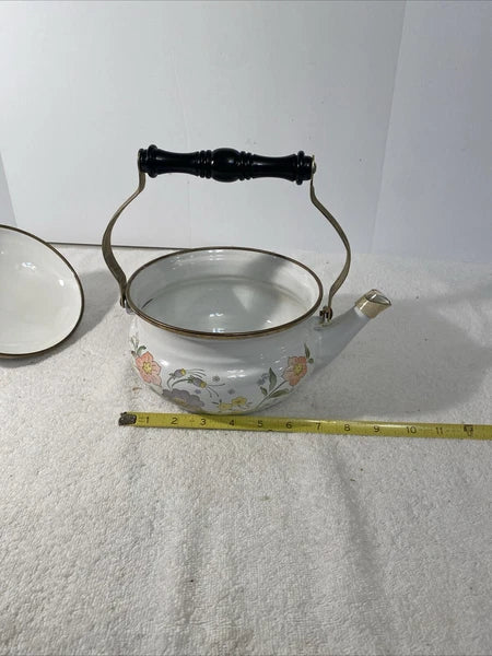Vtg Temptation Gailstyn-Sutton Tea Pot Kettle, White Enamel With Flowers, 1984