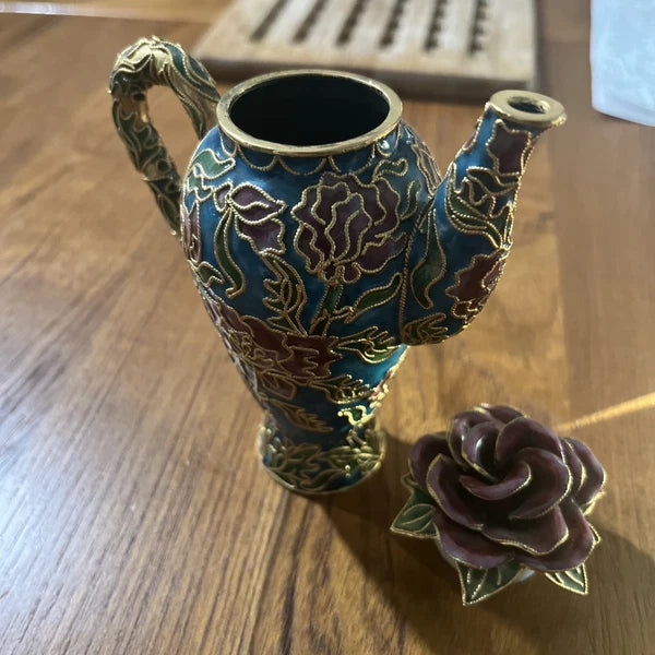 Miniature Floral Enamel Cloisonne Teapot Red Green Gold Rose Design Lid