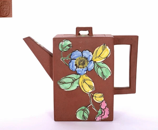 1930's Chinese Enamel Yixing Zisha Pottery Teapot Flower Signed & Marked