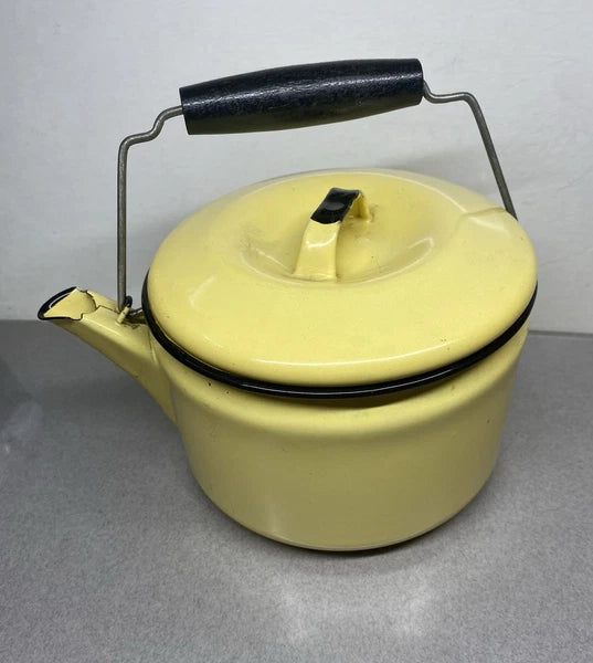 Vintage Yellow & Black Enamel Ware Teapot