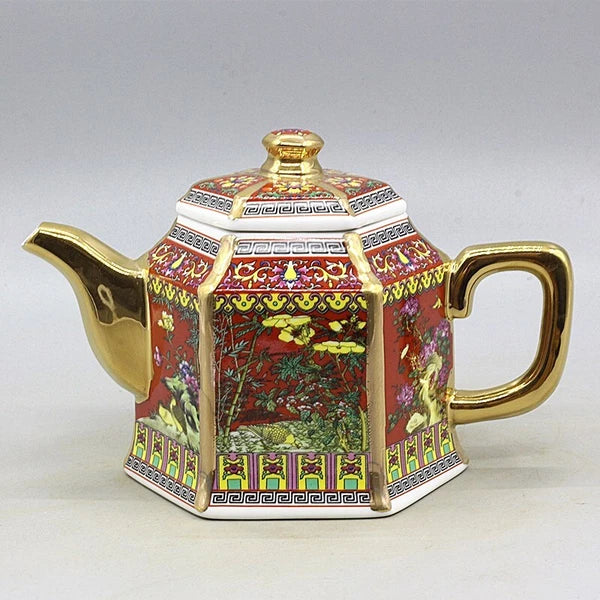 6.5" Collect Chinese Qing Colour Enamels Porcelain Gild Flower Six Sides Teapot