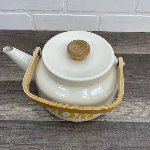 Vintage Beige Enamel Ware Mom Tea Pot Kettle Wood Handle Retro MCM Mother’s Day