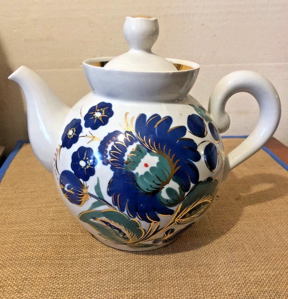 Vintage Gorodnitsa Russian USSR Ceramic Porcelain Teapot Floral Gold Enamel