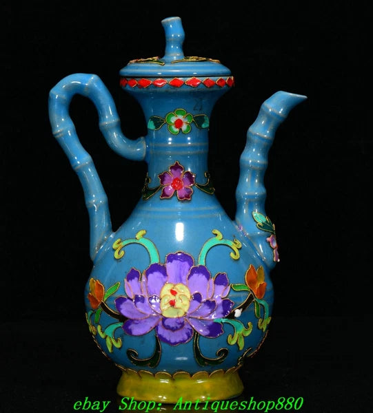 Old Dynasty Ru Kiln Porcelain Cloisonne Enamel Filigree Flower Teapot Teakettle