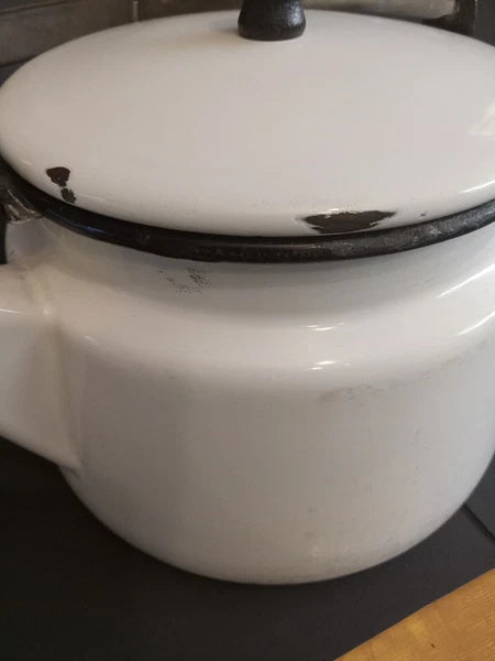 Vintage White Enamelware Tea Kettle Teapot/ Black Trim