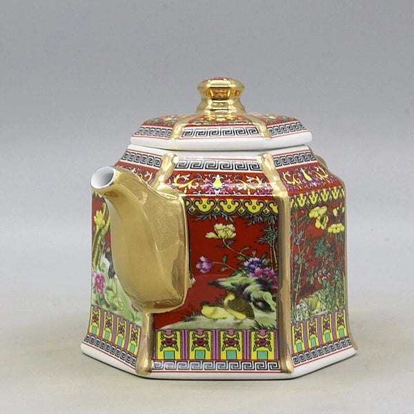 6.5" Collect Chinese Qing Colour Enamels Porcelain Gild Flower Six Sides Teapot