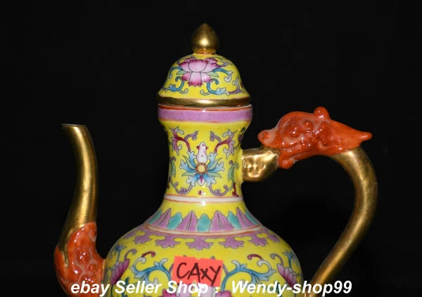 7" Qianlong Enamel Color Porcelain Gilt Dragon Beast Flower Wine Pot Teapot