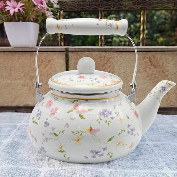 Enamel Teakettle Floral Teapot for Stovetop, 2.5L Large Green Floral Tea Kett...