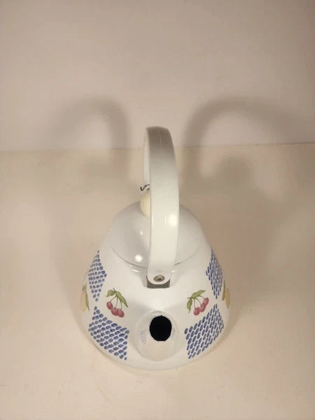 White Enamel Teapot Fruit Pear Cherries Plum Peach Blue 2 Qt Decorative Tea Pot