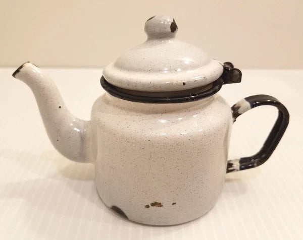 White with Speckles Small Individual Service Size Enamel Tea Pot, Black Handle