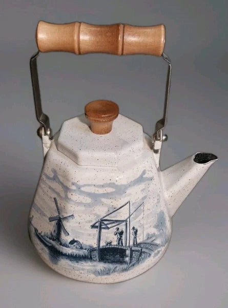 Vintage Enamel Teapot, Blue White Coastal Chinoiserie, Delft Style Wooden Handle