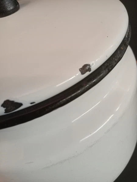 Vintage White Enamelware Tea Kettle Teapot/ Black Trim