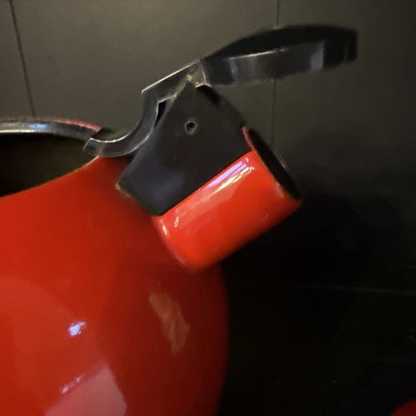 Vintage Red Enamel Tea Kettle Copco Tea Pot Black Handle MCM