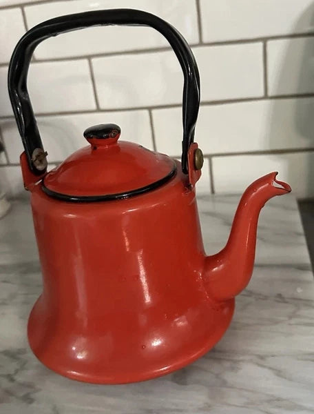 Vintage MCM Red Baked Enamel Tea Kettle with Black Handle Tea Pot Japan Rustic