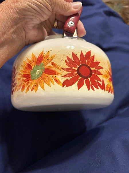 Vintage Enamel 8 Cup Teapot Kettle W/Flower Pattern